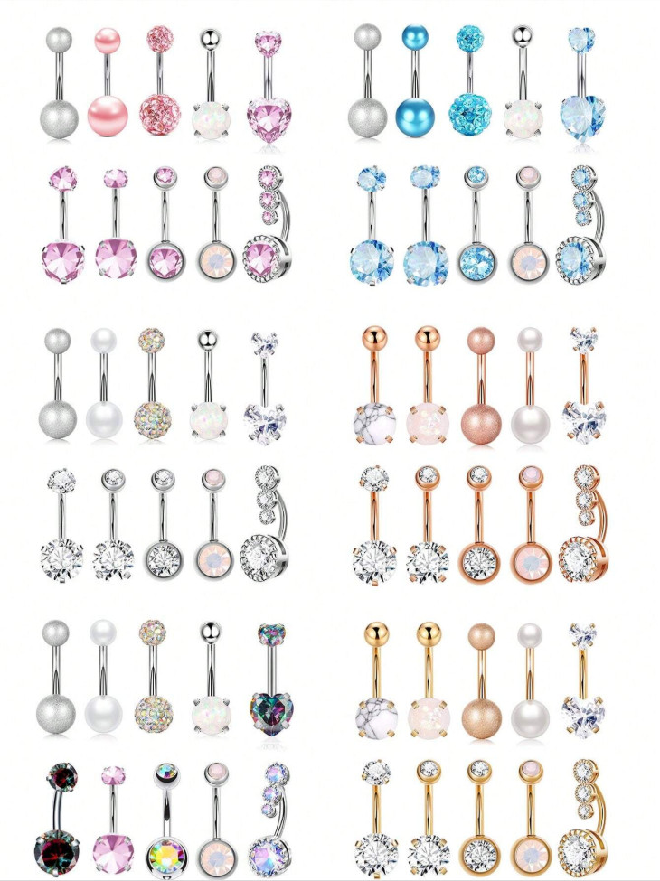 10pc Stainless Steel Belly Button Rings Set 14G CZ Heart Opal Navel Piercing Lot