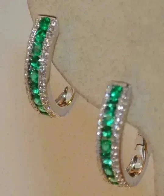 2.50 Ct Round Cut Lab Created Emerald Huggie Hoop Earrings 14K White Gold Plated