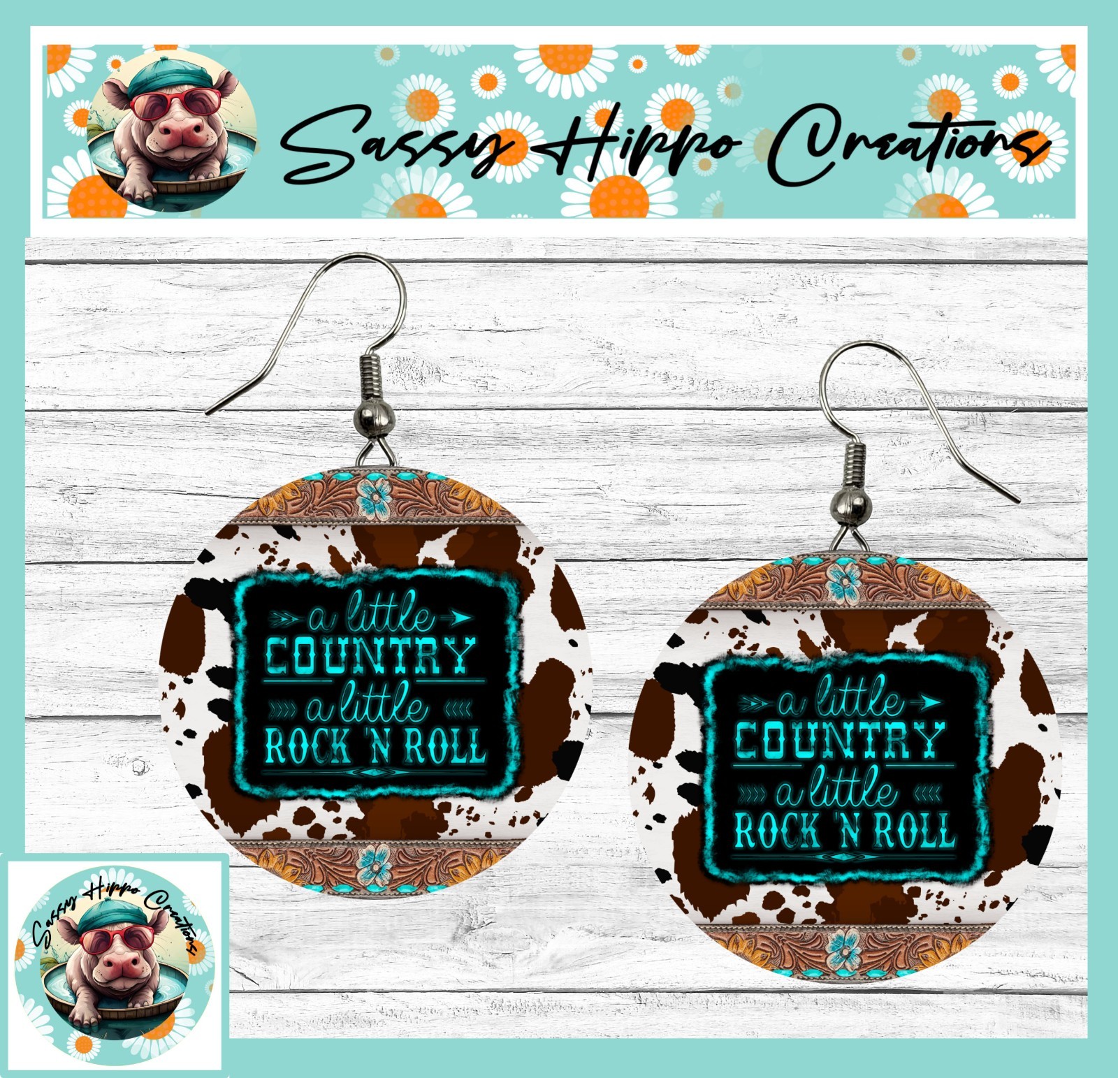 Earrings Round Silver Hook Backs Little Country Little Rock N Roll Cowgirl