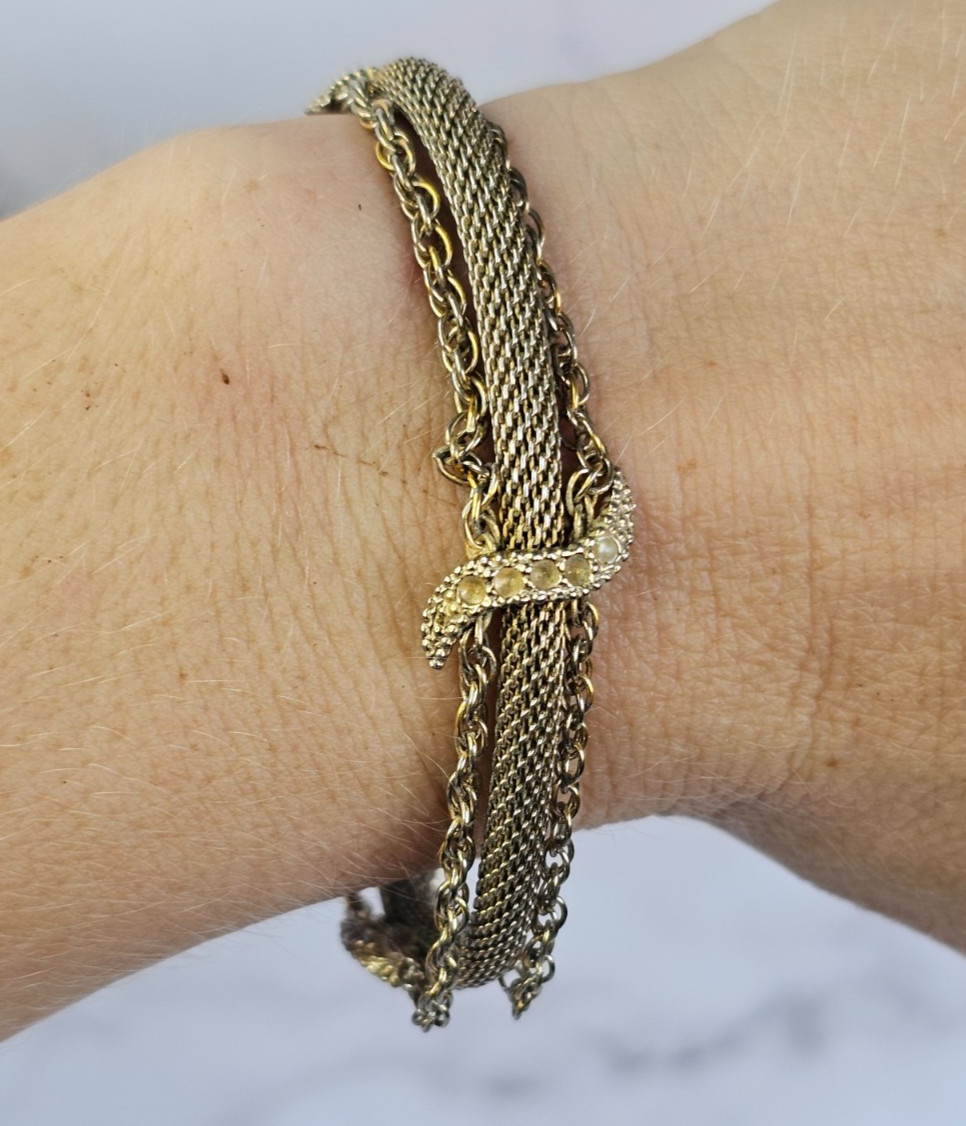 Vintage Signed GOLDETTE Gold Tone Mesh Chain Bracelet Faux Pearl Flowers 7″