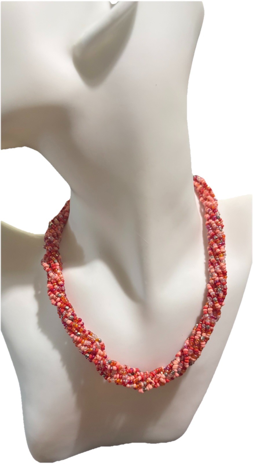 Handmade Orange Pink Silver Seed Beed Necklace 14 Inches With A 2 Inch Extender