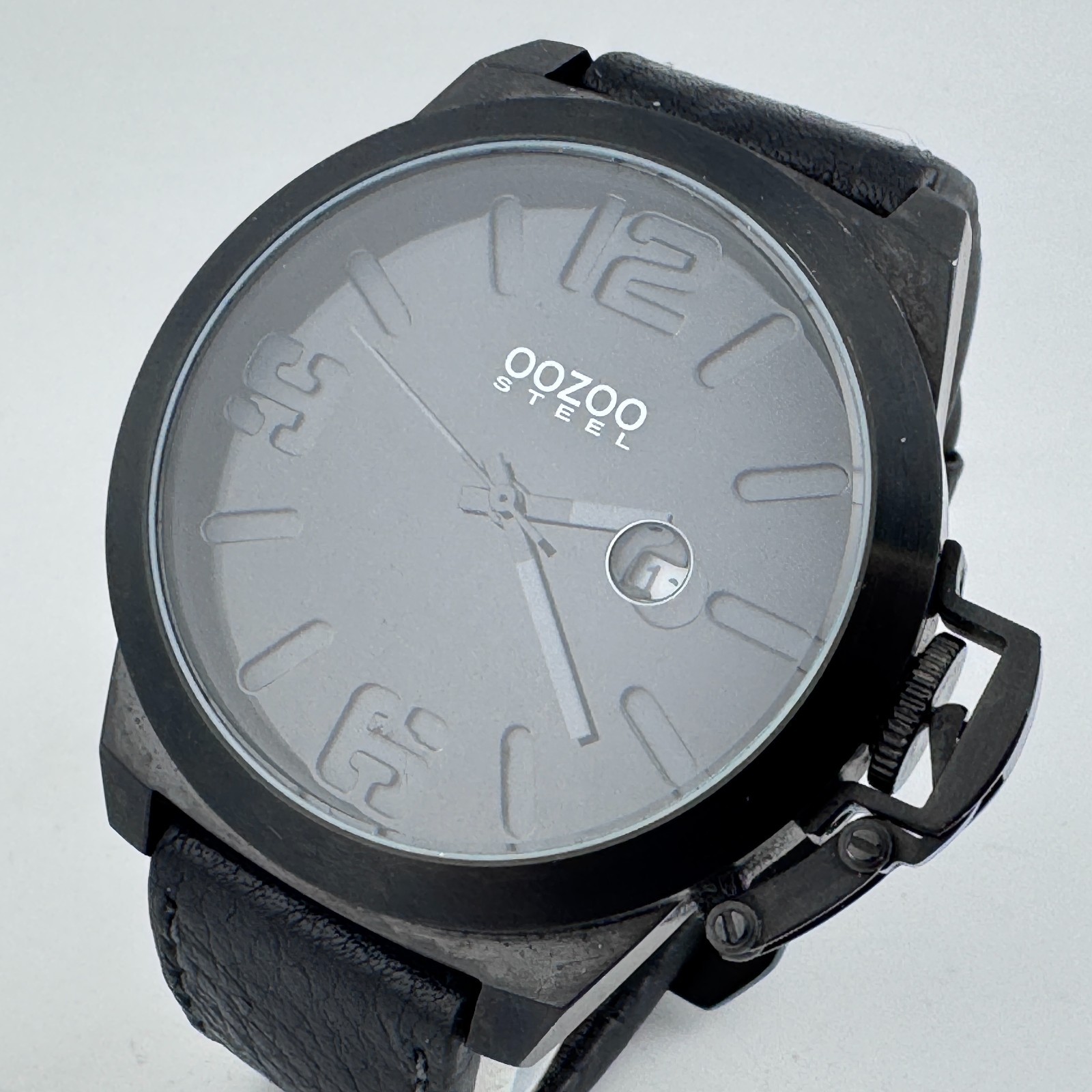 OOZOO Quartz Watch Men 50m All Black Steel Leather Date 55mm Leather New Battery