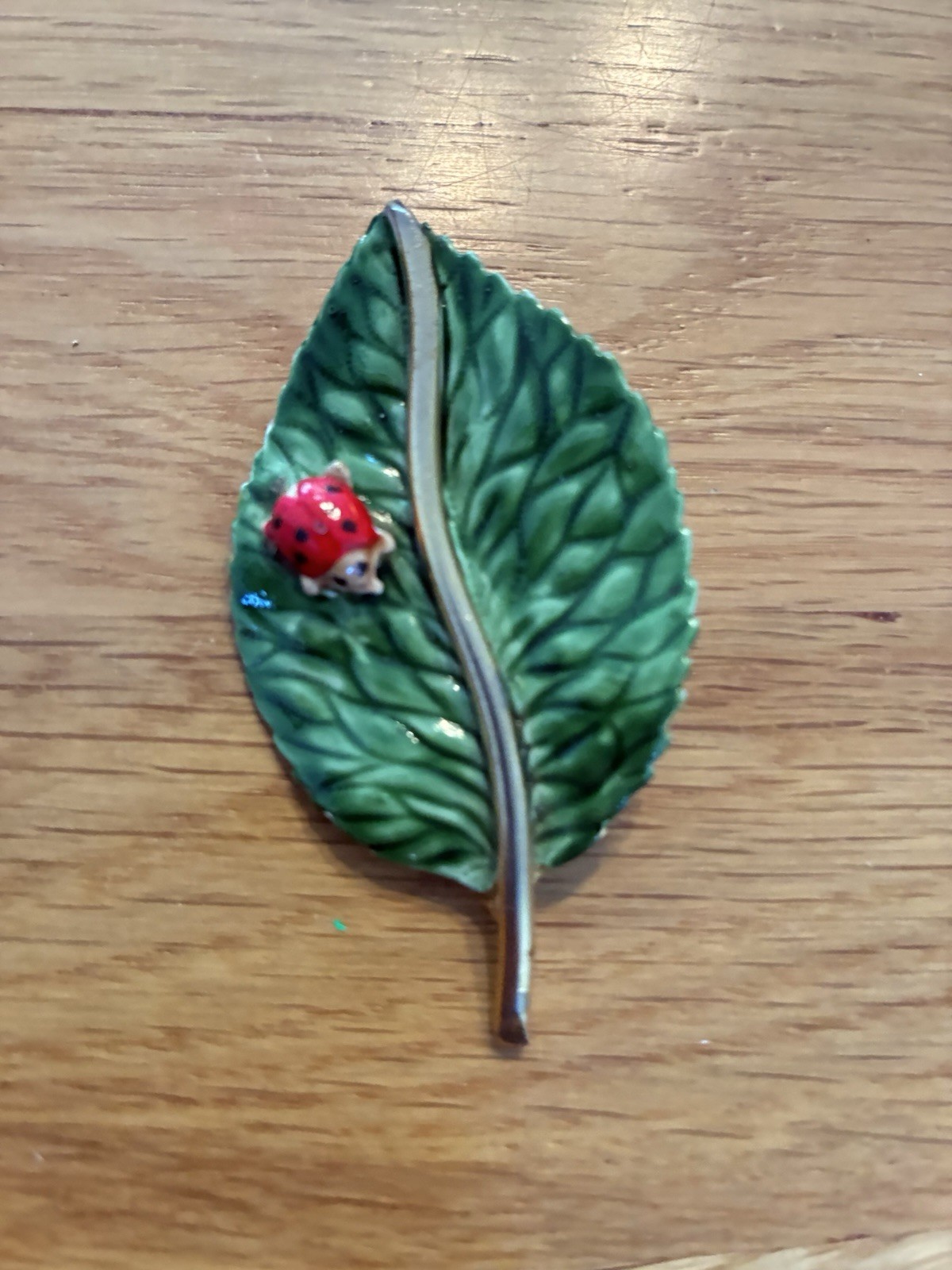 Vintage Original by Robert Brooch Pin Signed Rare Green Leaf Red Lady Bug 2.5 In