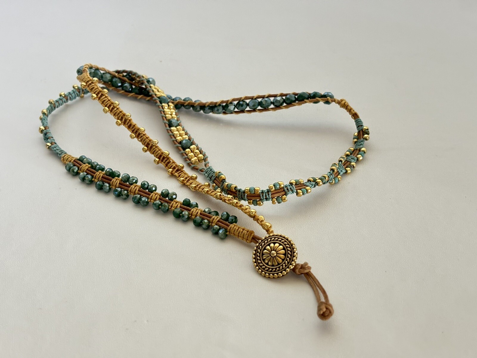 Gold Tone Wrap Around Bracelet Beads Green & Brown 31 5/8 Inches Long