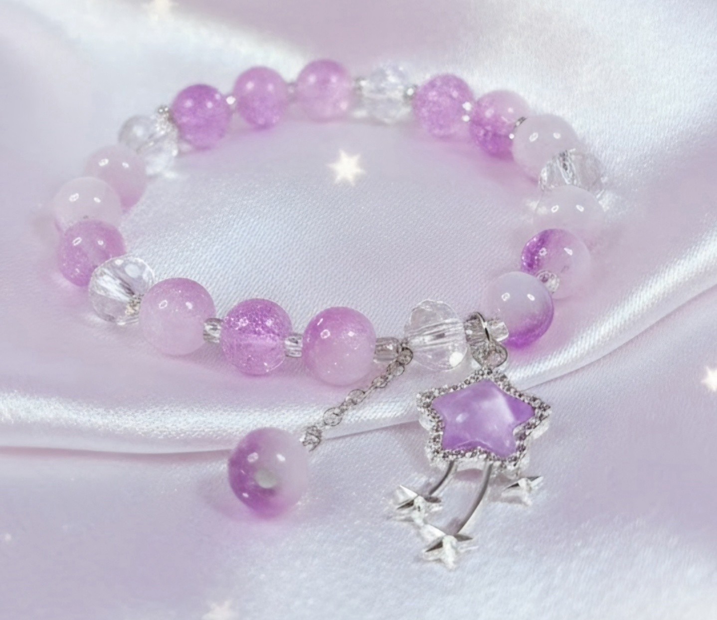 Light Pink Crystal Beaded Charm Bracelet – Silver Moon & Star Accent