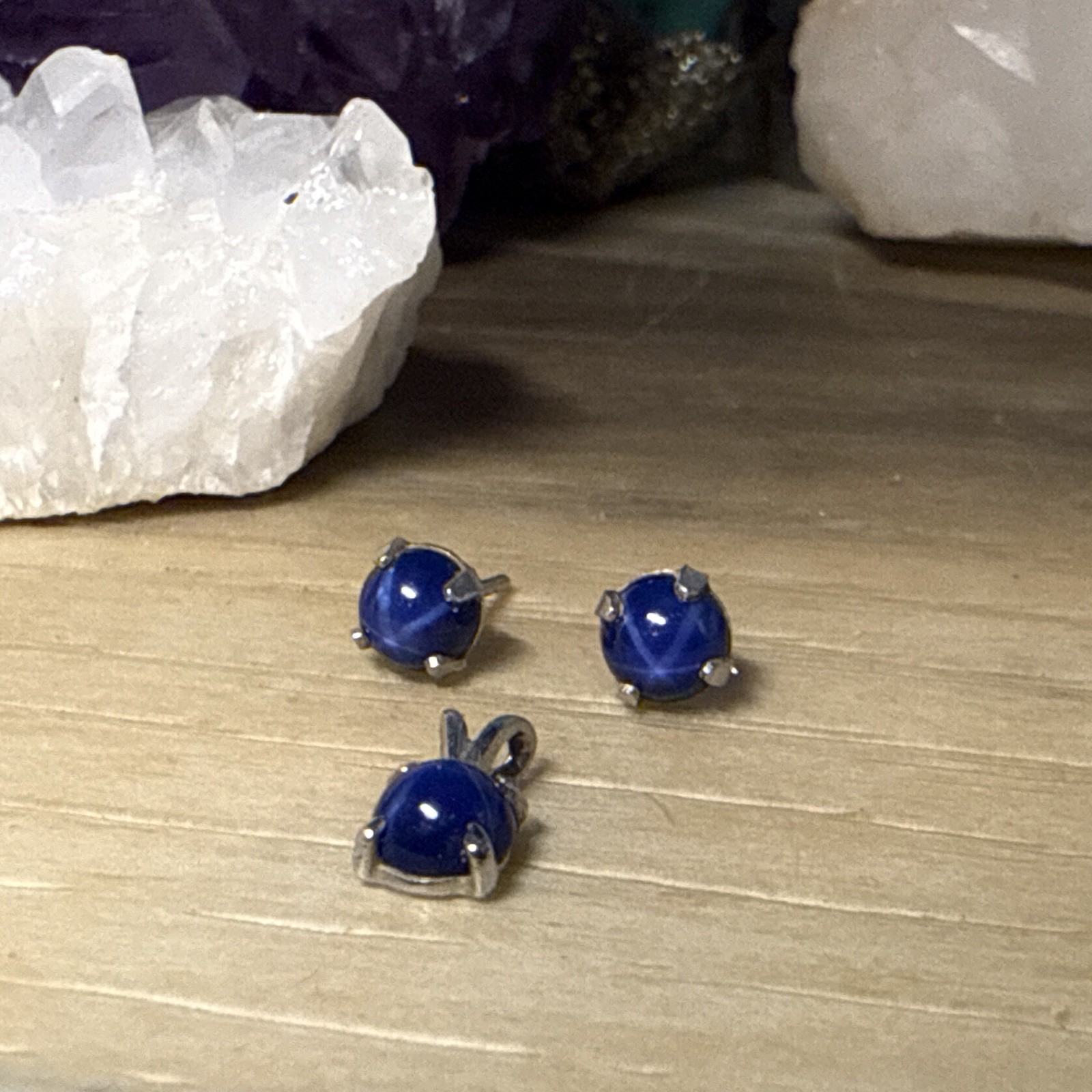 VTG 14K WHT GOLD Blue STAR SAPPHIRE Pendant Earring Set No Backs AN1225-86 EX