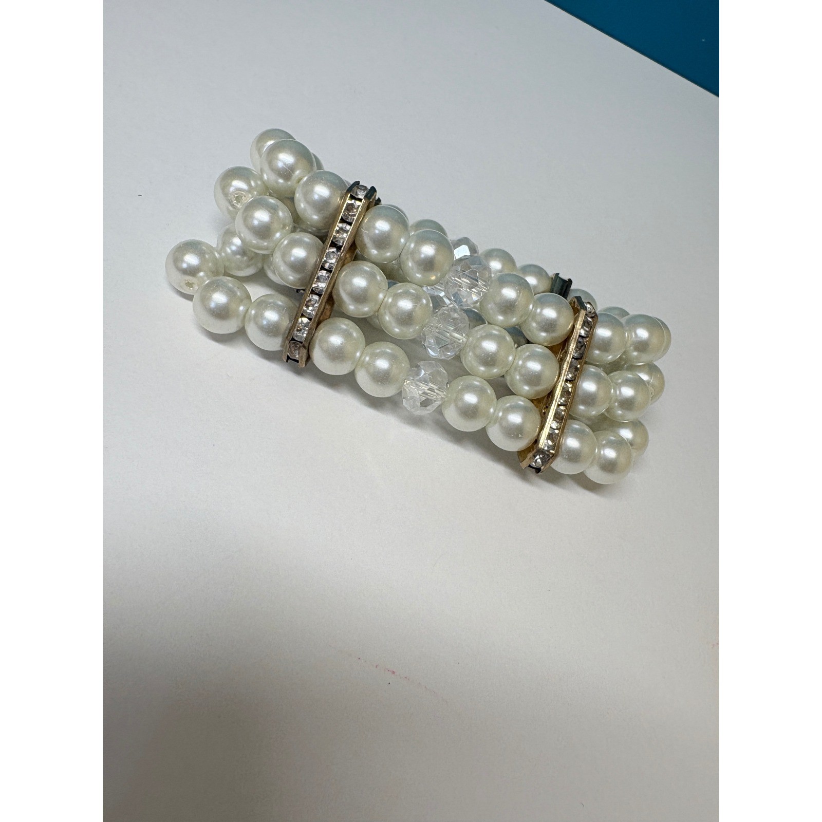 Triple Strand Faux Pearl Stretch Bracelet Gold Tone Rhinestone Cream White