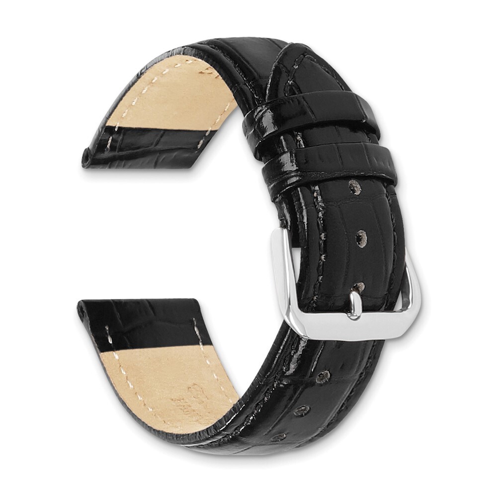 24mm 7.5″ Black Crocodile-Style Leather Chrono Silver-tone Buckle Watch Band