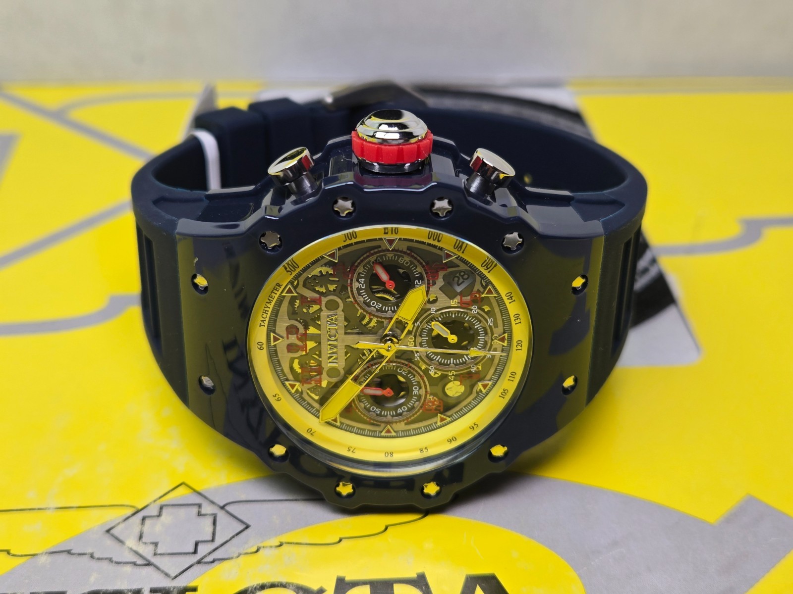 Invicta Racing Valyron Dark Blue/Yellow/Red 43.5mm Men’s Watch w/ Black Dial NEW