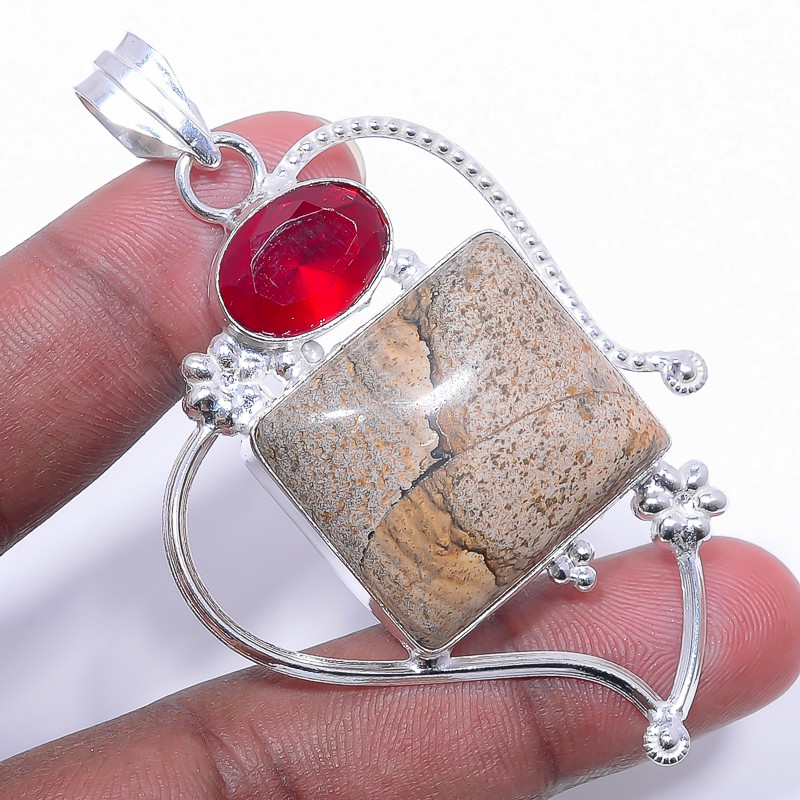 Natural Picture Jasper – Oregon, Garnet 925 Silver Plated Pendant 2.73″ P30944