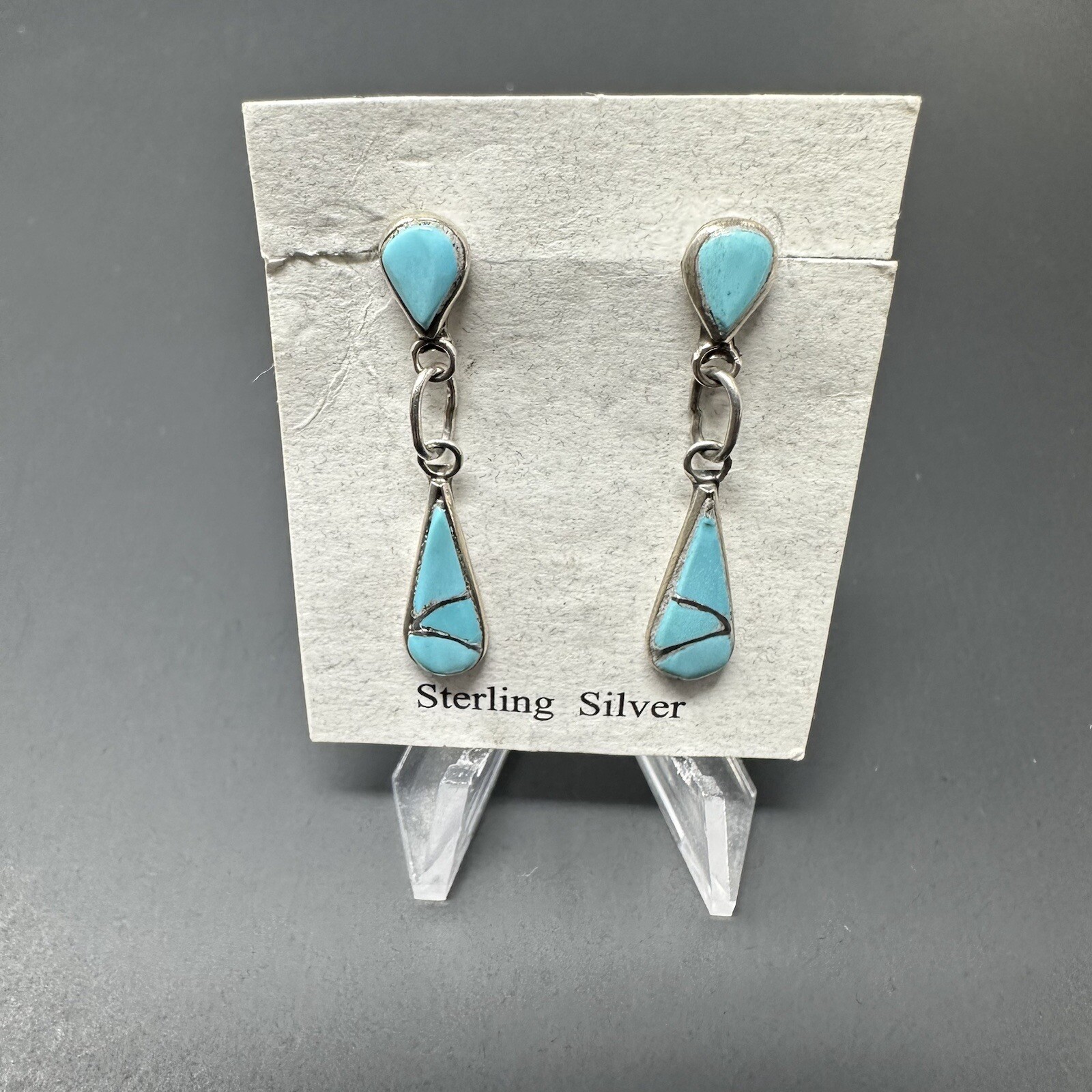 N A 925 Sterling Silver & Inlaid Turquoise Post Dangle Drop Earrings