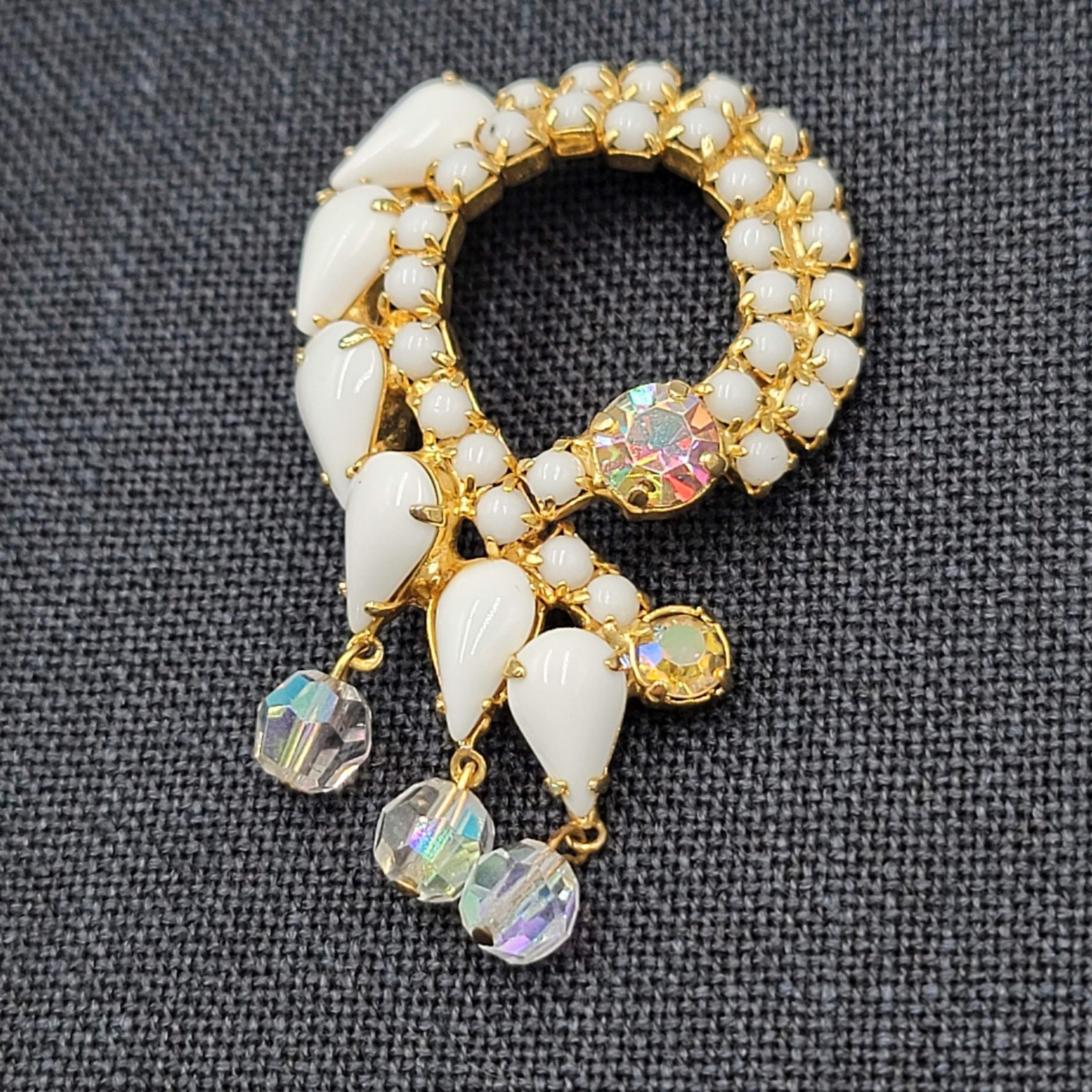 Vintage White Acrylic Rhinestone Brooch Gold tone Prong Set AB Beads 2.5″