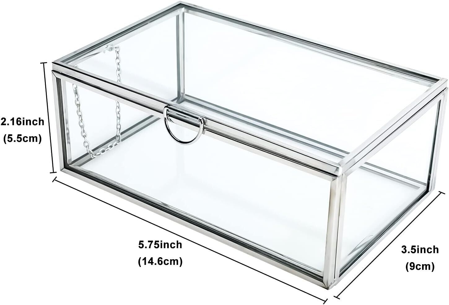 Silver Small Jewelry Display Box Glass Lidded Case with Clear Lid Dustproof Home