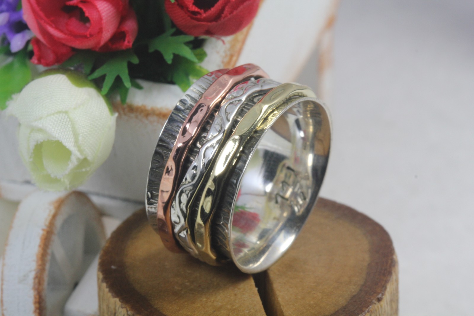 Wood Grain Boho Sterling Silver 925 Gold, Rose Fidget Spinner Meditation Ring