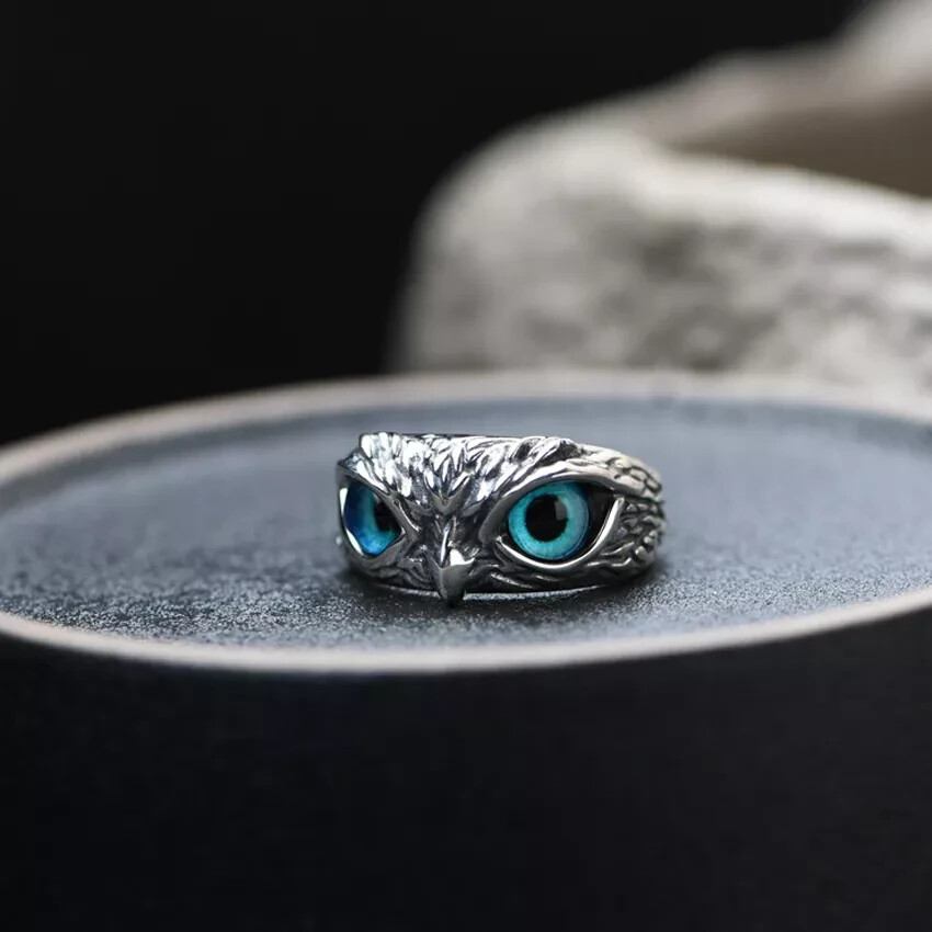 Cute Owl Blue Eye Silver Ring, Adjustable Size, Bird, Fun