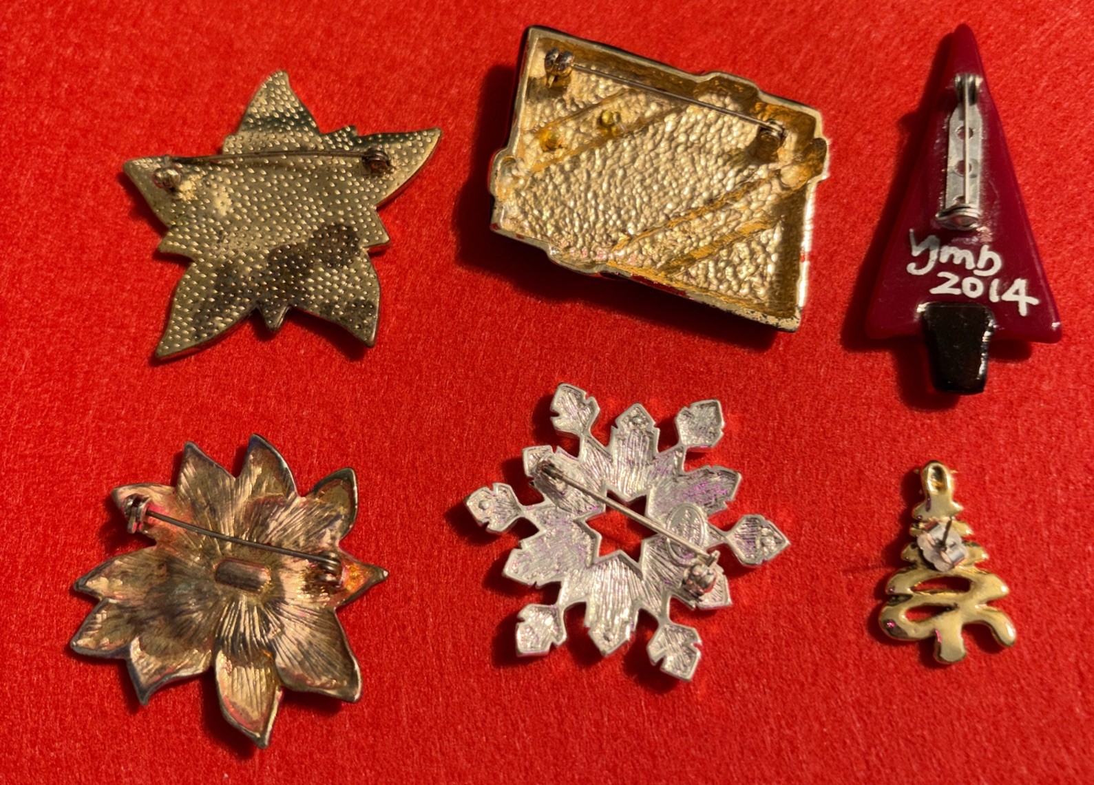 Vintage Rhinestone Enamel Christmas Tree Poinsettias Snowflake Brooch Lot of 6
