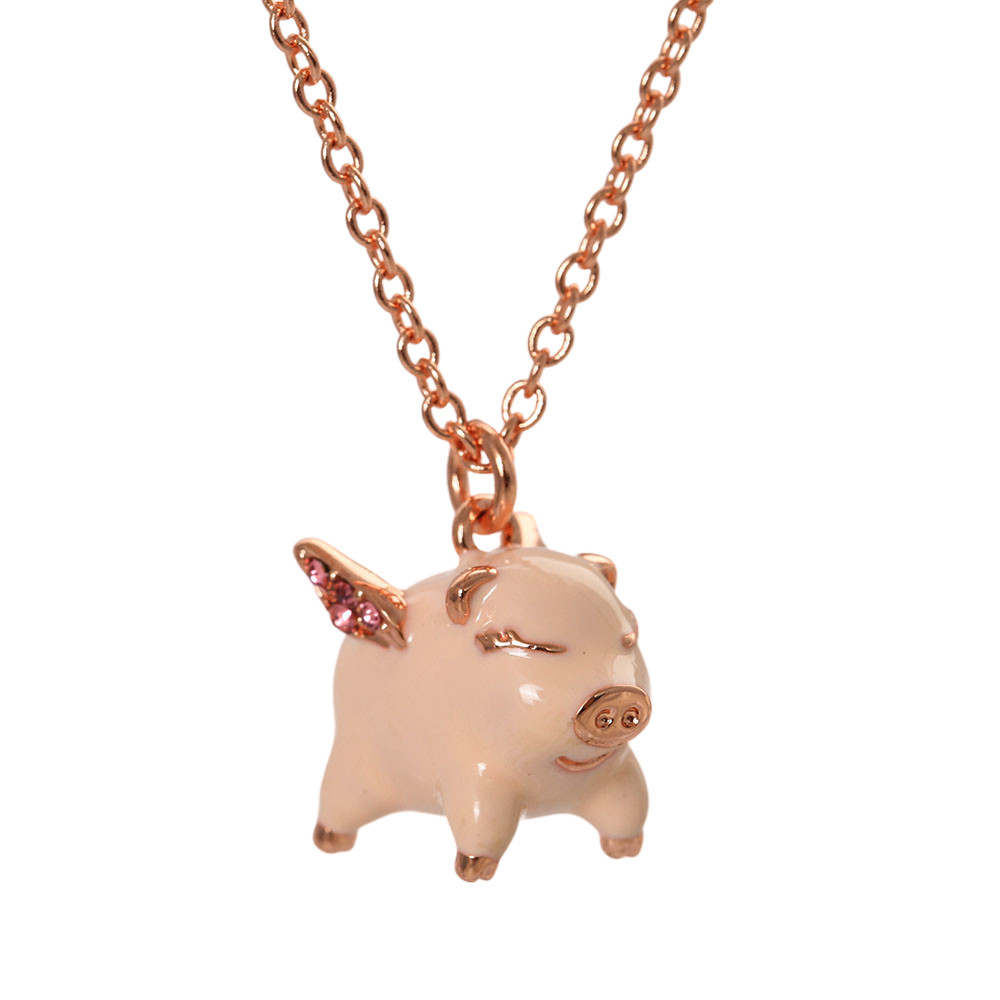 Cute Pink Enamel Flying Pig Short Necklace Crystal Wing Rose Gold Women Jewelry