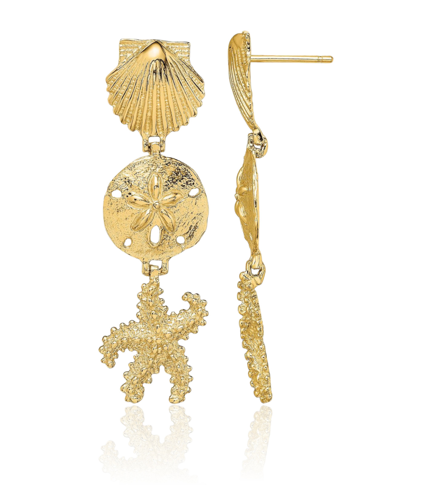 14K Solid Yellow Gold Medium Shell Sand Dollar Starfish Dangle Earrings 37.4mm