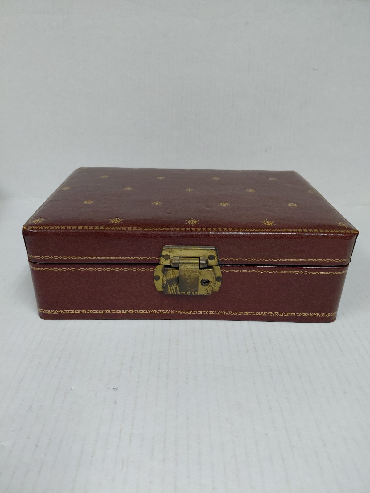 Vintage Leather Jewelry Box Brass Clasp Embossed Gold