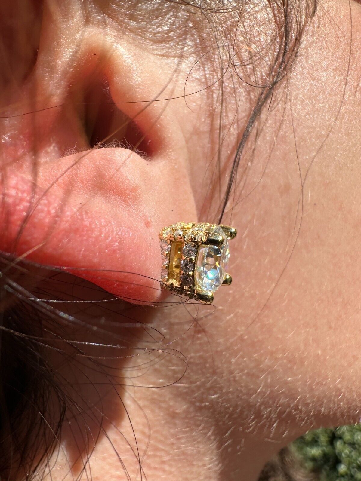 Moissanite 3D Iced Solitaire Screwback Stud Earrings Real 14k Gold Plated Silver