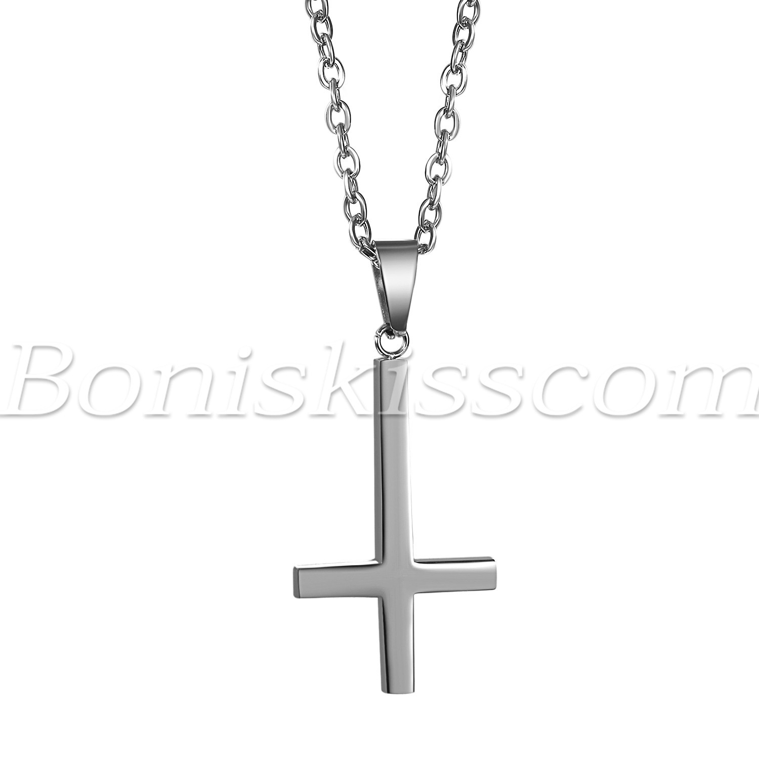 Men’s Polished Plain Stainless Steel Inverted Cross Pendant Necklace With Chain