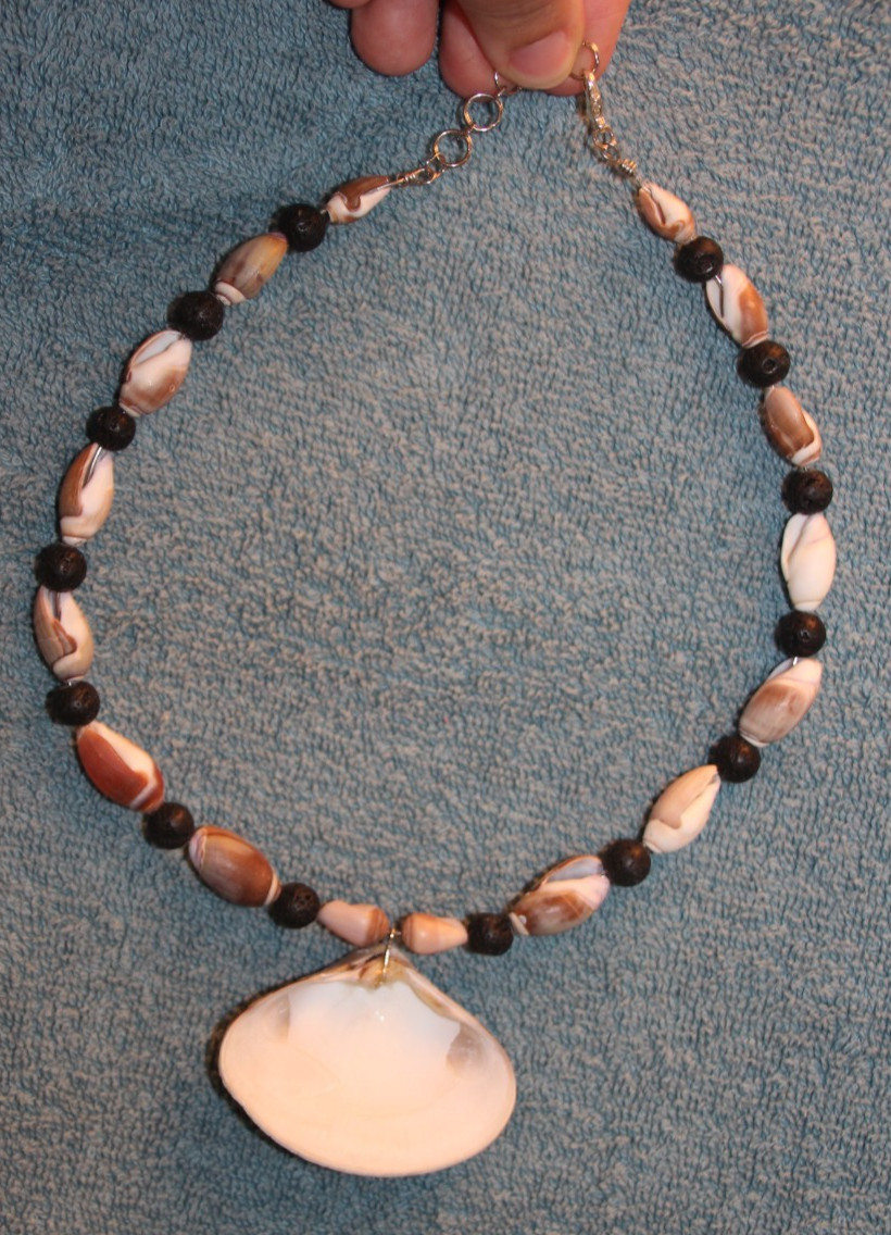 Clam Seashell Necklace with Olive Shells and Black Lava Stone Beads on Wire