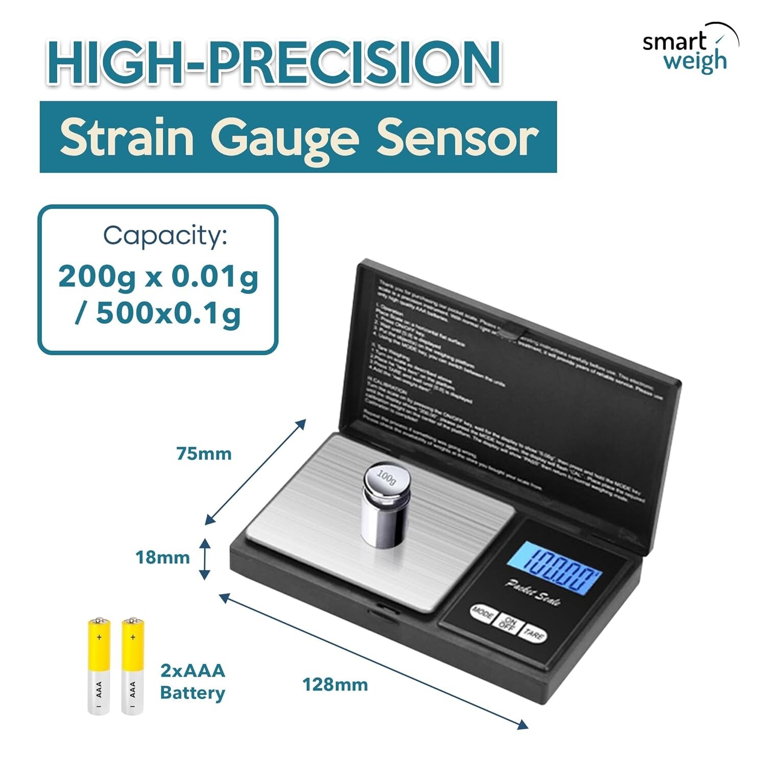 Smart Weigh Digital Pocket Gram Scale, 200g x 0.01g, Jewelry, Food, Medicine