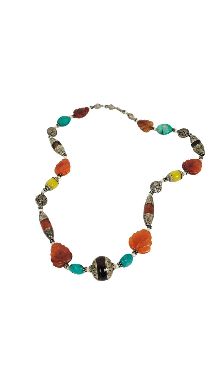 Vintage Tibetan Himalayan Tribal Beaded Statement Necklace Carnelian Turquoise