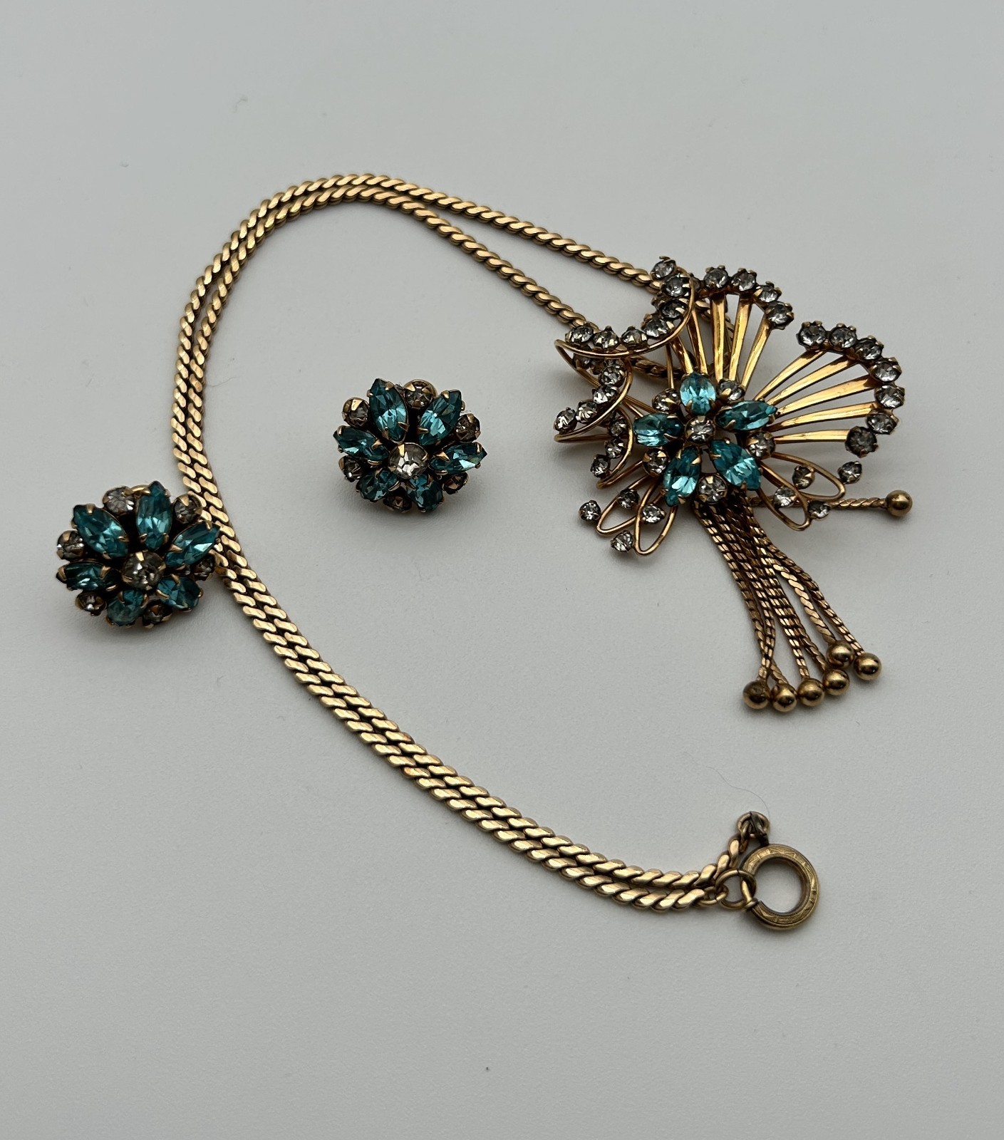 Vintage 12K Gold Filled MSK Floral Turquoise Rhinestone Necklace Earrings Set 35