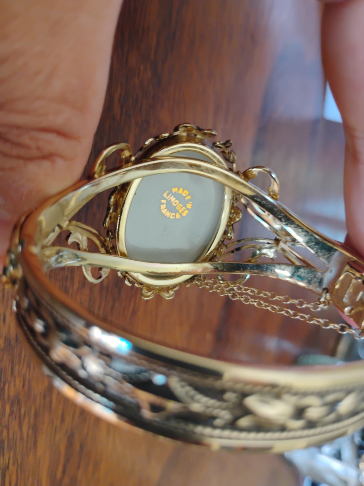 Whiting and Davis Gold Tone Bangle with Limoges Porcelain Portrait Bracelet