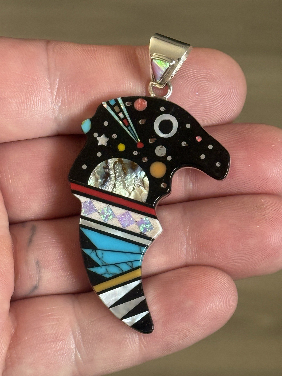 STERLING SILVER NATIVE AMERICAN SIGNED SM GALAXY INLAID EAGLE CLAW PENDANT .925