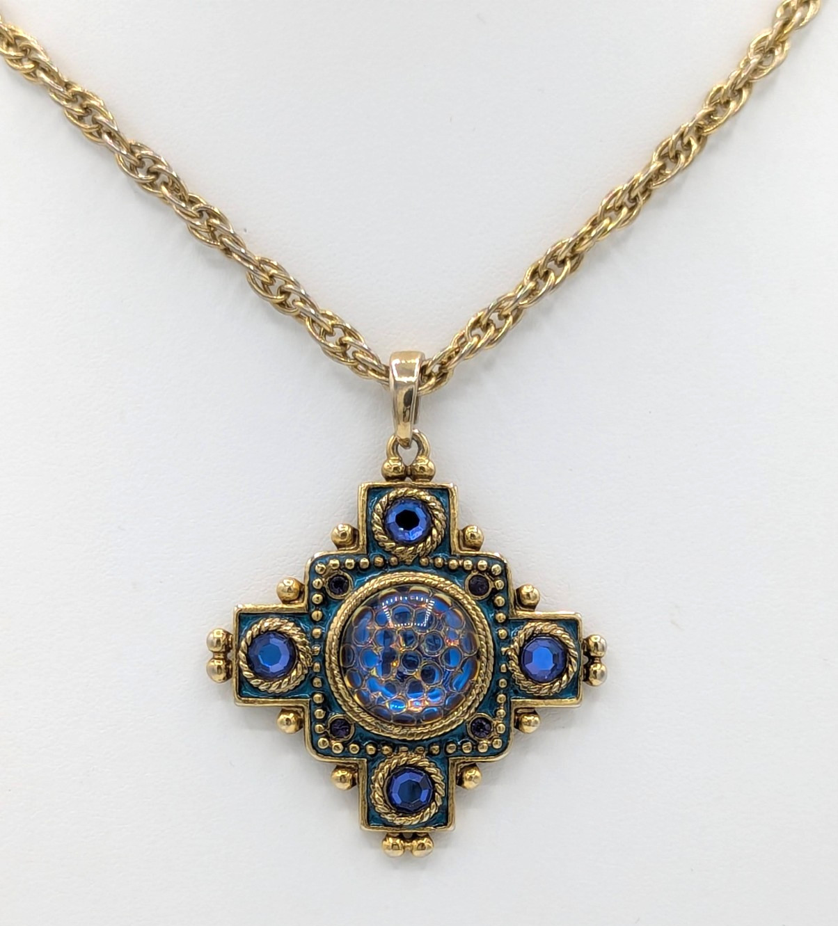 Vintage Etruscan Revival Maltese Cross Pendant Necklace Blue Art Glass