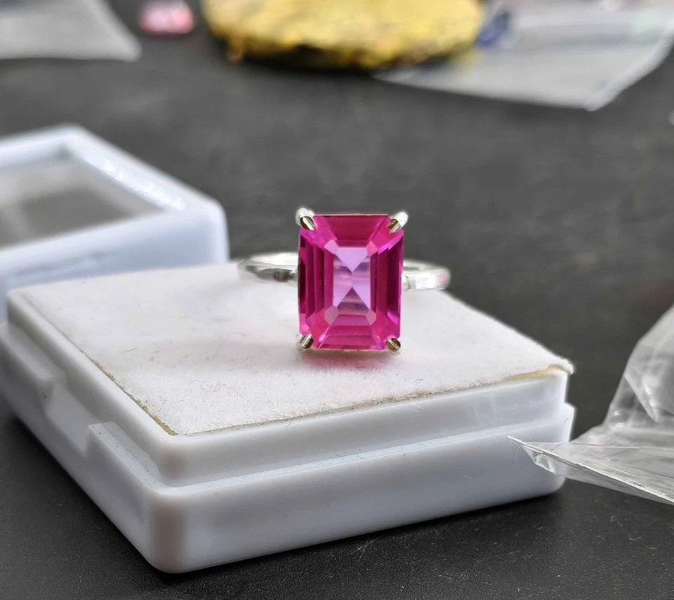 7 Ct Stone Natural Certified Pink Sapphire Emerald Cut Ring Silver Ring Size 9