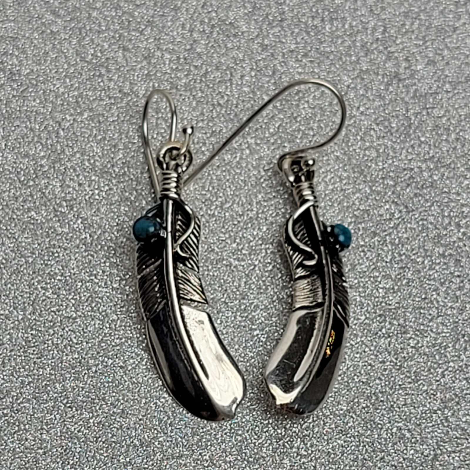 925 Sterling Silver with Turquoise Feather-Shaped Earrings. Artisan-Made