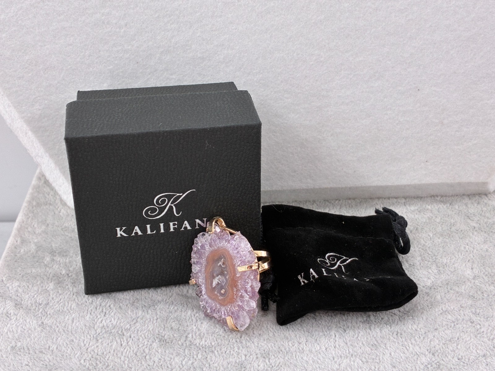 Kalifano Amethyst Stalactite Agate Gold Tone Adjustable Ring Shank Signed BR