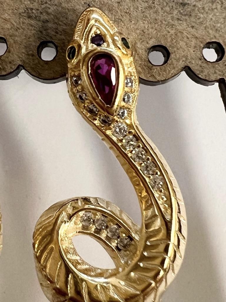 REAL Diamond Ruby Snake Earrings 14K Gold on SOLID 925 Victorian Egyptian Rev YG
