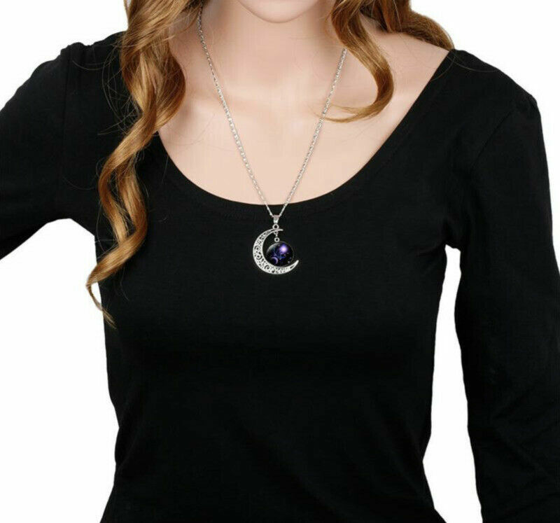 Moon Shaped Zodiac Sign Necklace Horoscope Astrological Pendant with 17″ Chain