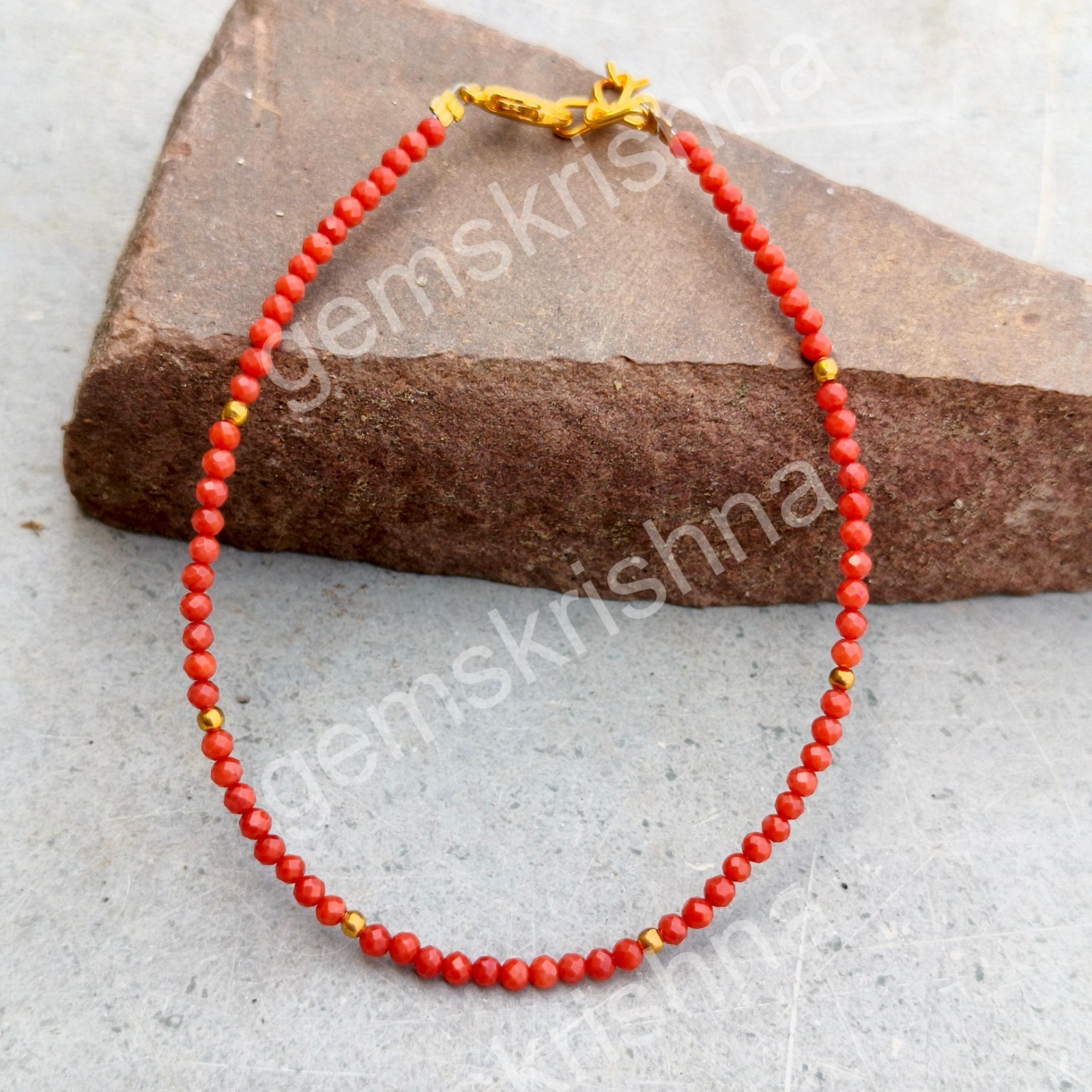 Orange Coral Beaded Bracelet 2mm | Dainty Natural Coral Gemstone Bracelet | Min