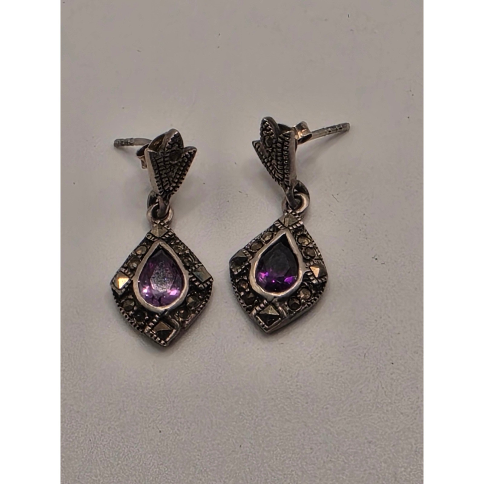 Vintage Sterling Silver Amethyst Marcasite Drop Earrings Art Deco Style 925