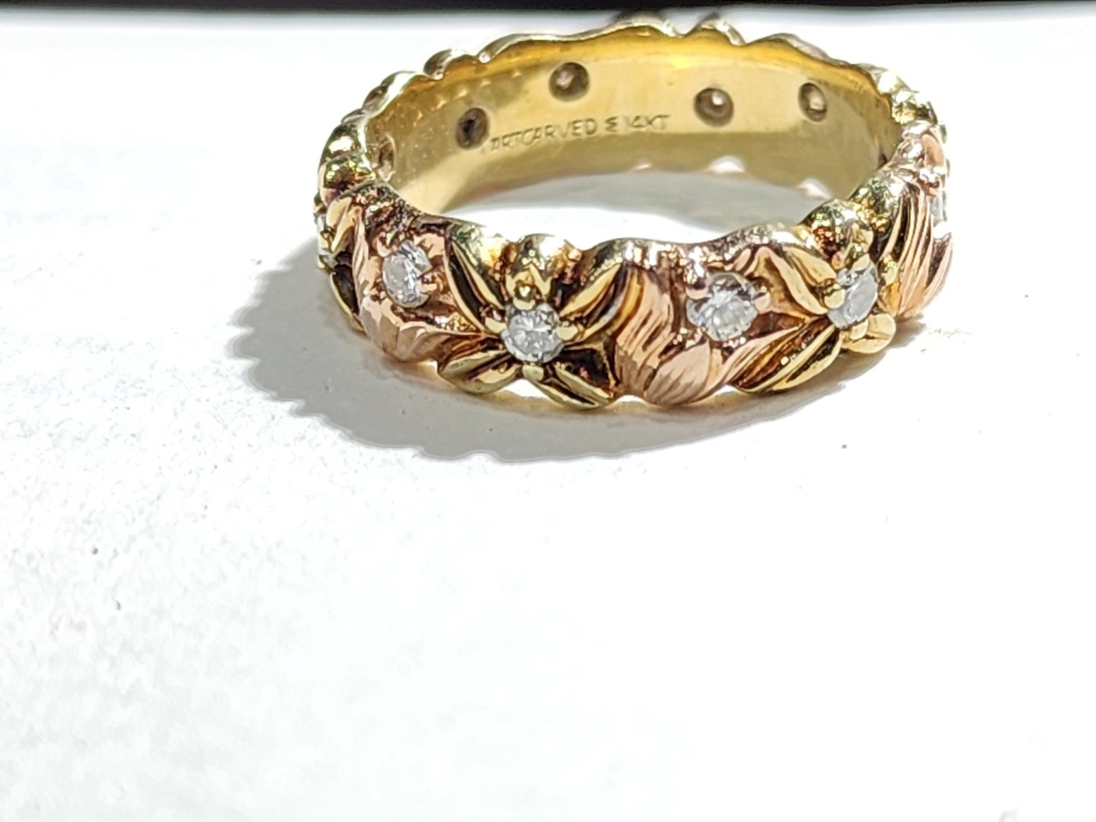 Rare Vintage ArtCarved 14K Yellow & Rose Gold Floral Diamond Eternity Ring- Sz 7