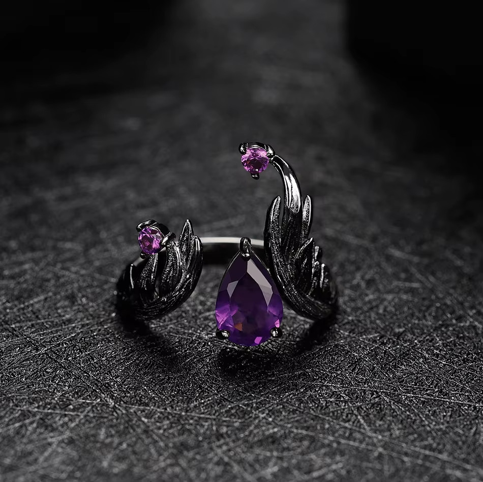 1.43Ct Natural Pear Amethyst Gemstone Handmade Bird Feather 925 Silver Ring