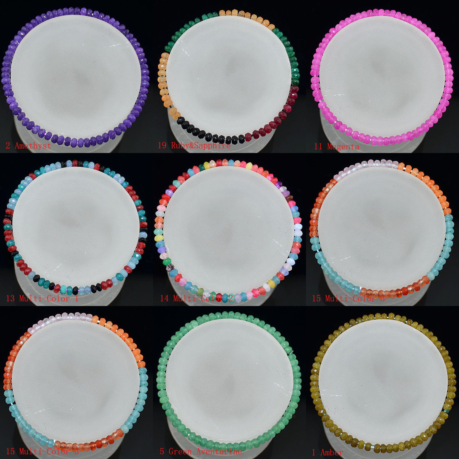 Faceted 2x4mm Multicolor Jade/Agate/Gems Rondelle Beads Elastic Bracelet 7.5”