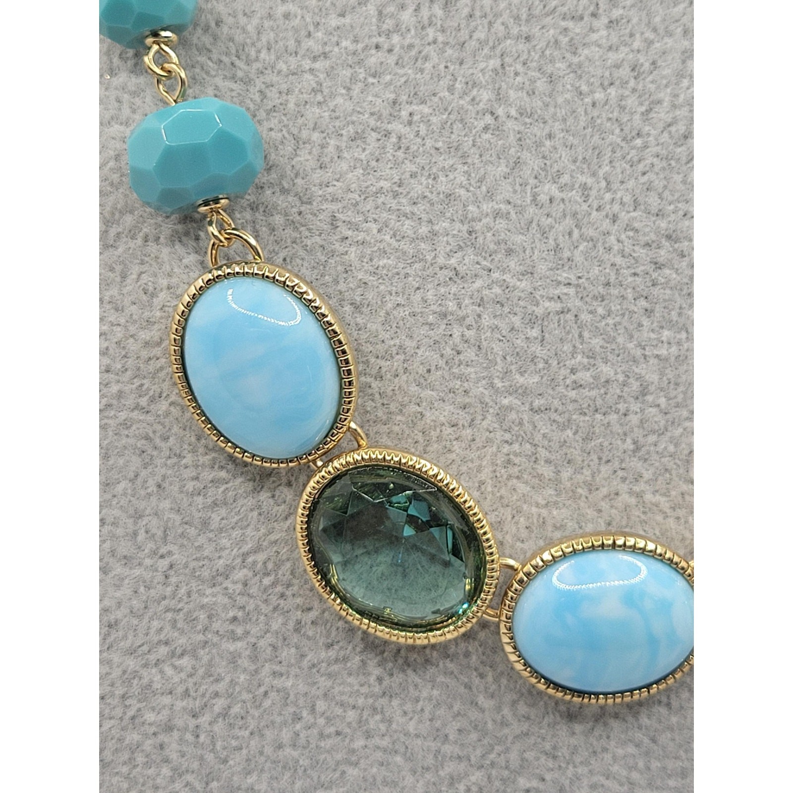 Vintage Signed Monet Faux Larimar Aqua Necklace Oval Crystal Cabochons 1990s