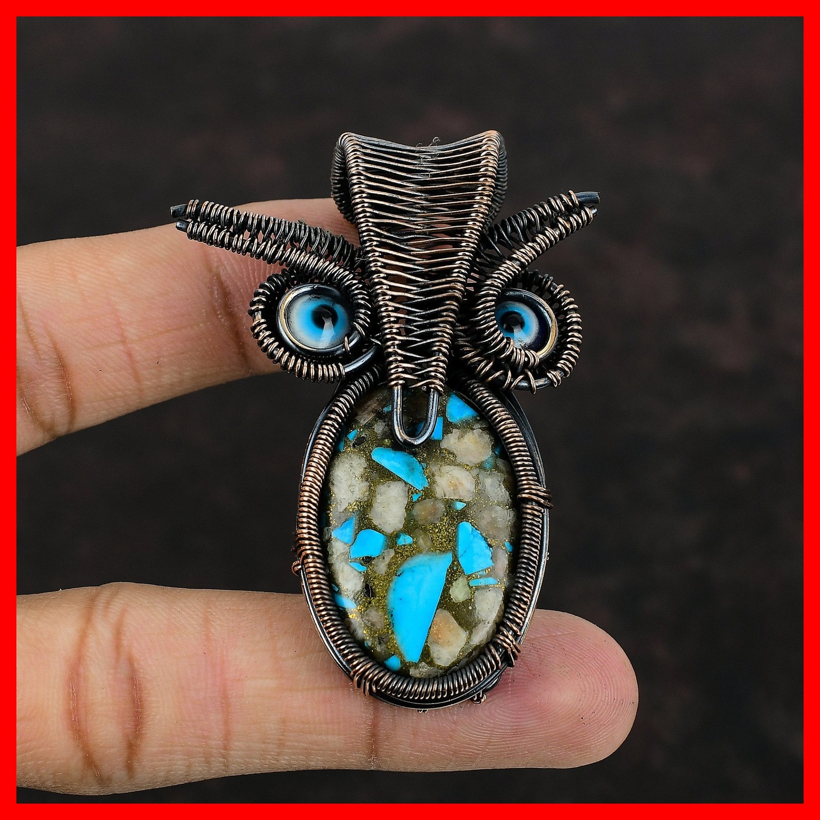 Pink Opal Copper Turquoise Gemstone Blue Color Evil Eye Pendant Jewelry Copper