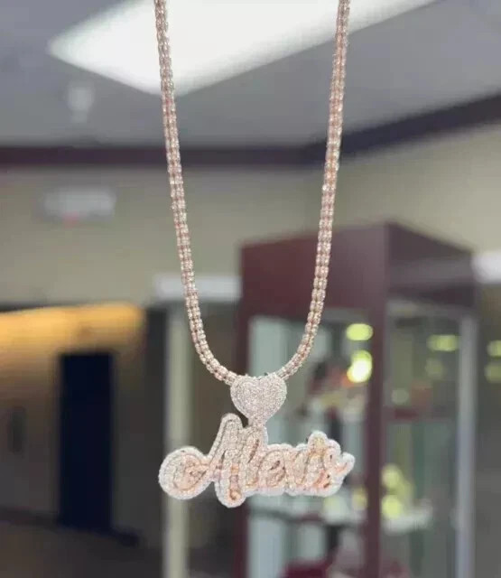 Real Moissanite 3Ct Round Cut Custom Name Charm Pendant 14K Rose Gold Plated