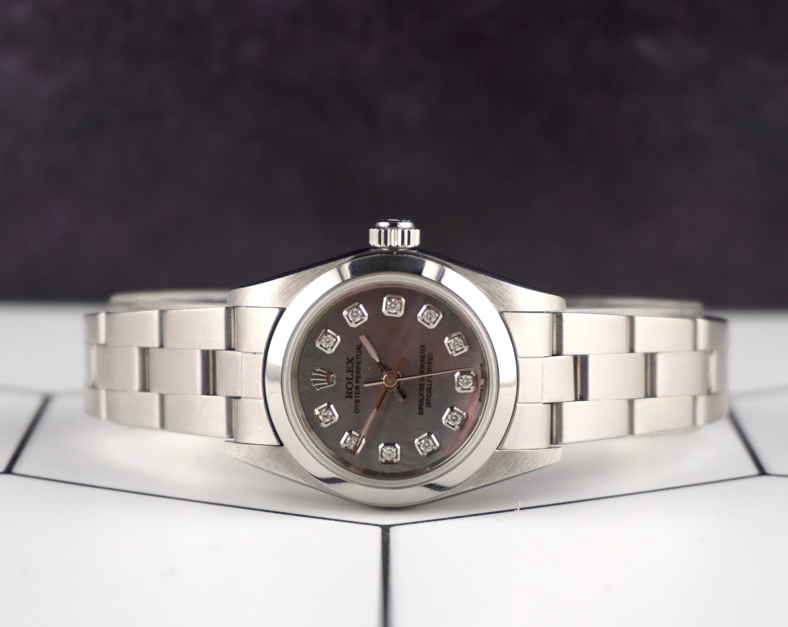 Rolex Oyster Perpetual 25mm Steel Black MOP Diamond Smooth Oyster Watch 67180