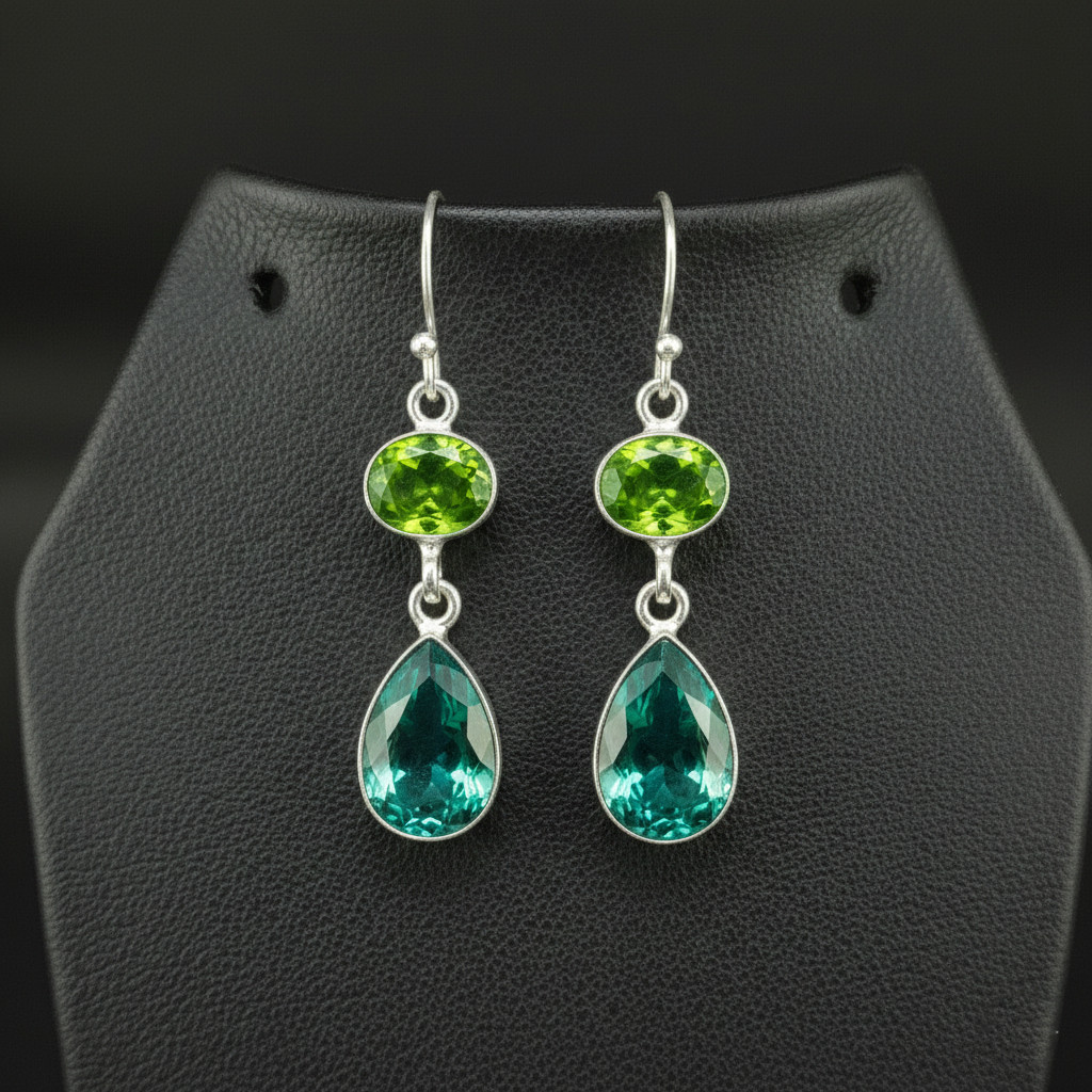 Paraiba Tourmaline, peridot stone 925 sterling silver Dangle Drop Earrings 1.90″