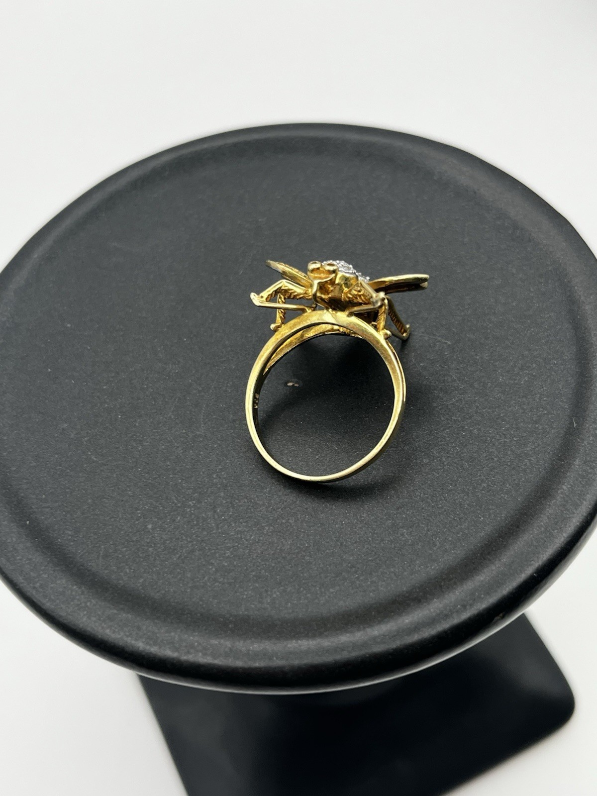 14K Yellow Gold Diamond Bee Ring Size 6.5, Diamond Body and Thorax, Circa 1849