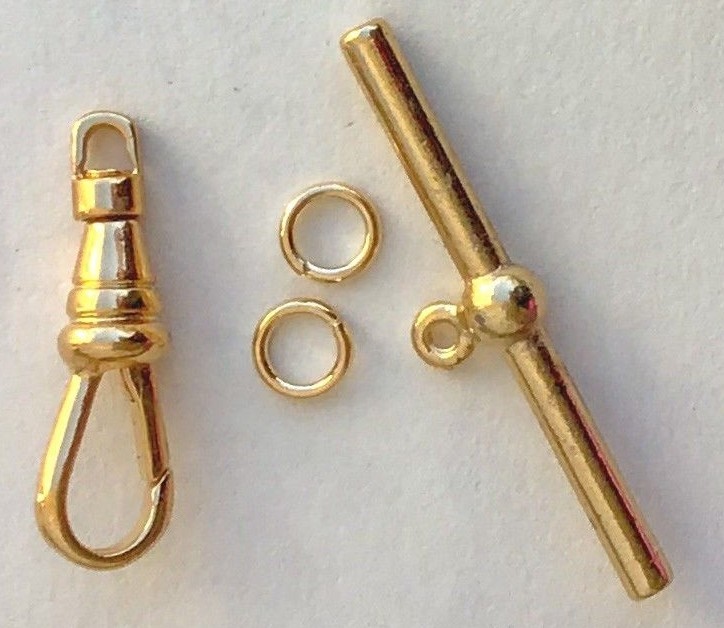 1 Set GOLD Tone Swivel Clip & T- Bar Toggle Clasp 1.5″ Pocket Watch Chain Repair