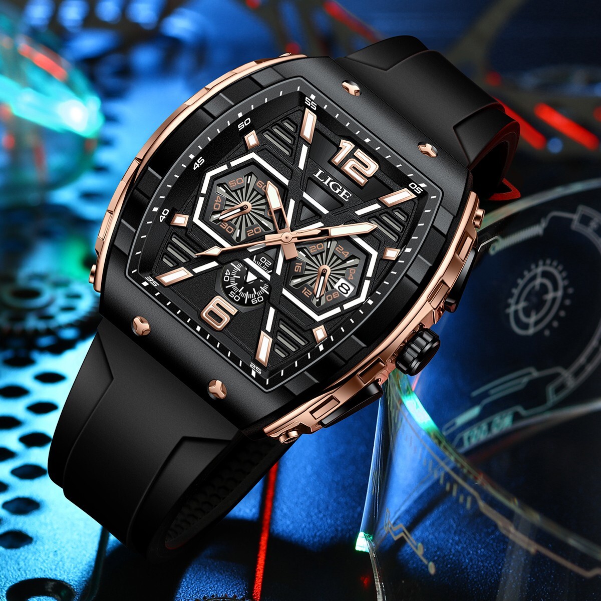 Luxury Men’s Watch Quartz Date Big Square Dial Diver Sport Waterproof Wristwatch